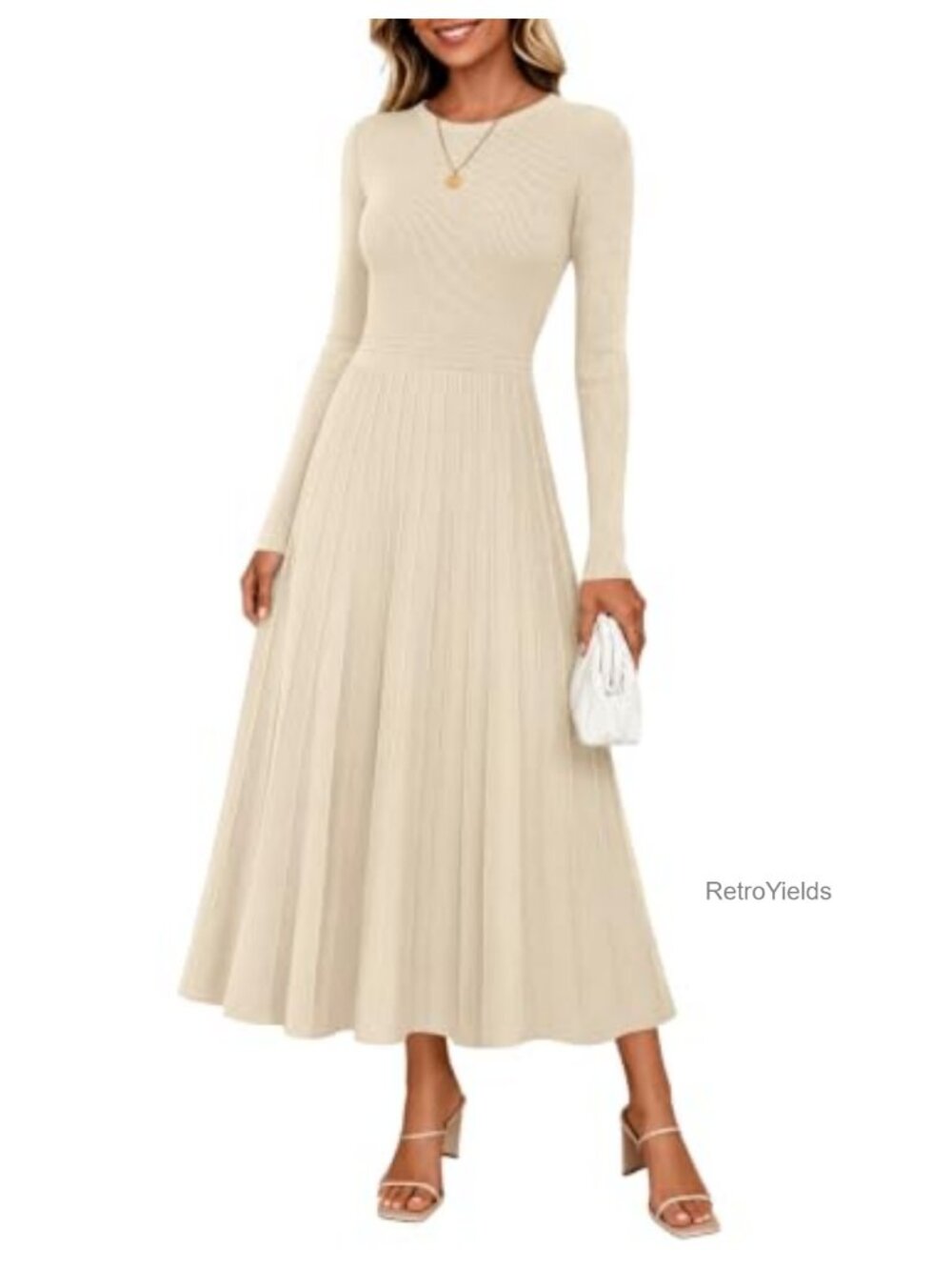 Ribbed Knit Midi Sweater Dress Crew Neck Long Sleeve A-Line